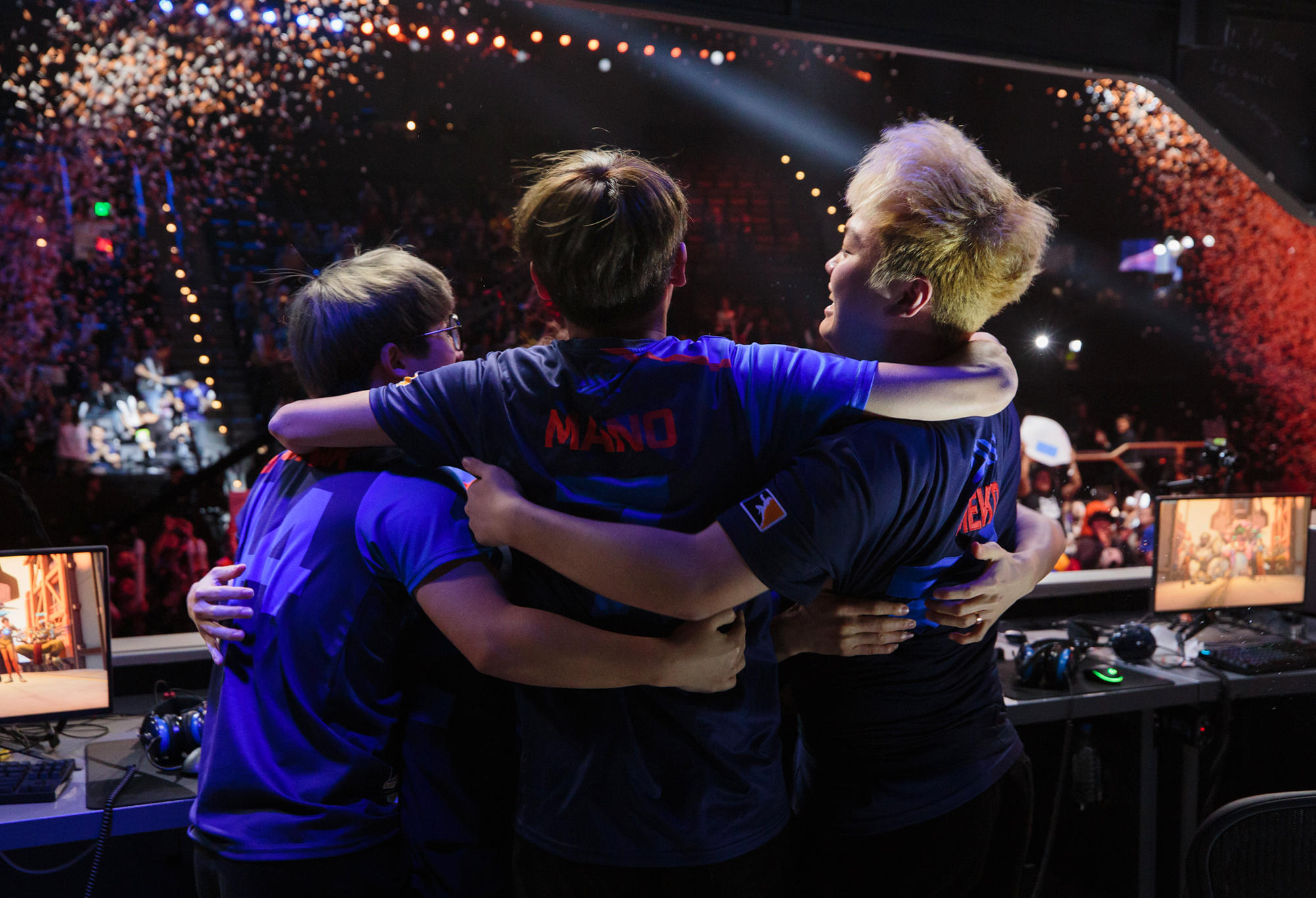 Members of the New York Excelsior esports team celebrate being crowned Stage 2 champions of the Overwatch League.