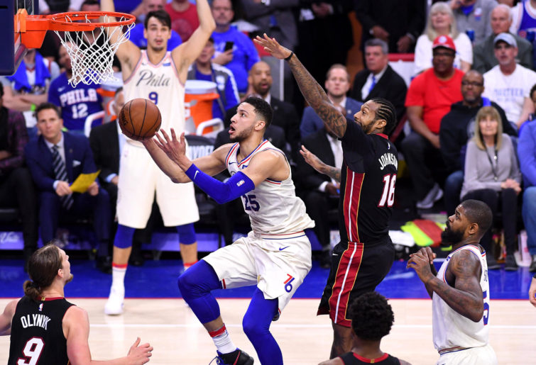 Ben Simmons drives to the rim against James Johnson in Game 2 of the first round of the NBA Playoffs.