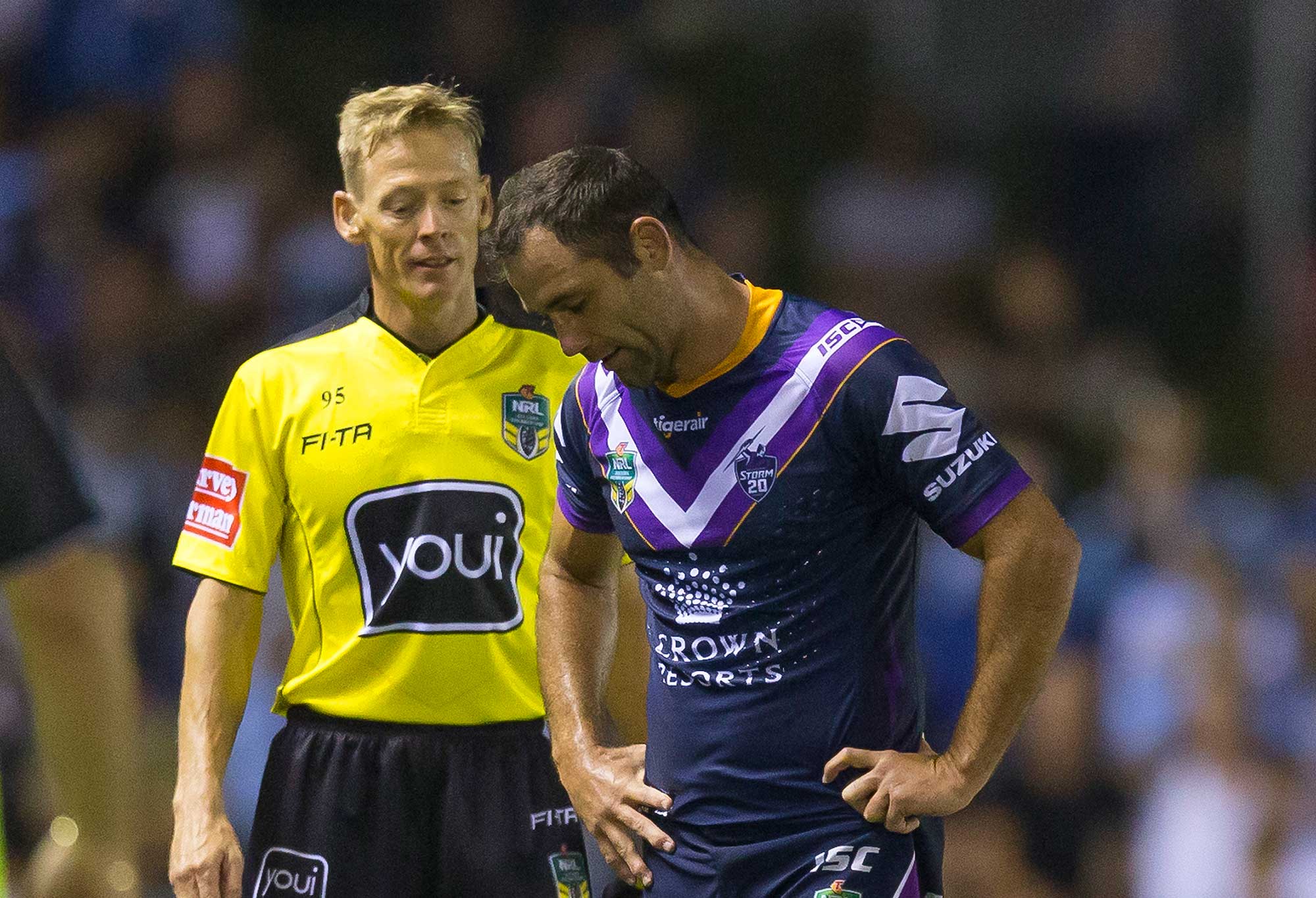 Cameron Smith of the Storm is sin binned but wasn't keen to leave the field