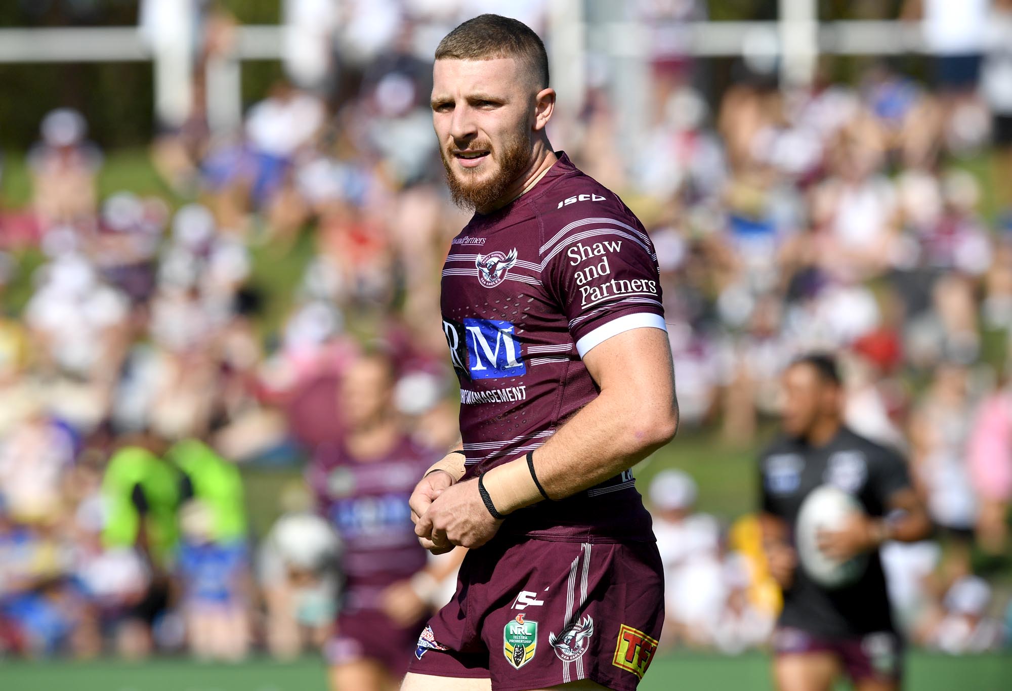 Jackson Hastings warming up with the Manly-Warringah Sea Eagles