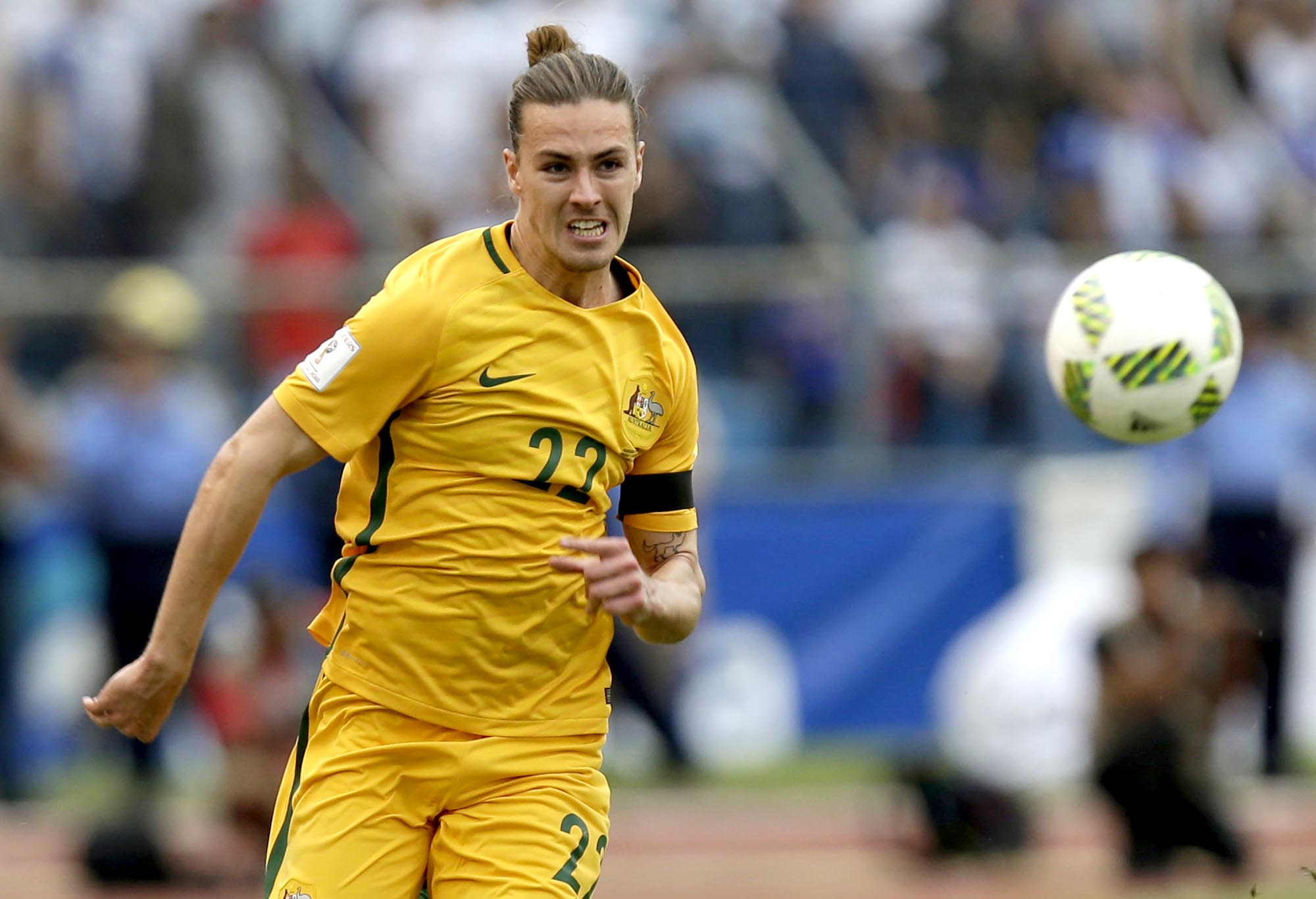 Jackson Irvine in action against Honduras in a Socceroos World Cup qualifier
