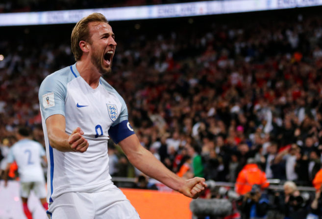 England's Harry Kane celebrates after scoring the opening goal of his team during the World Cup Group F qualifying soccer match between England and Slovenia at Wembley stadium in London, Thursday, Oct. 5, 2017. England won 1-0.