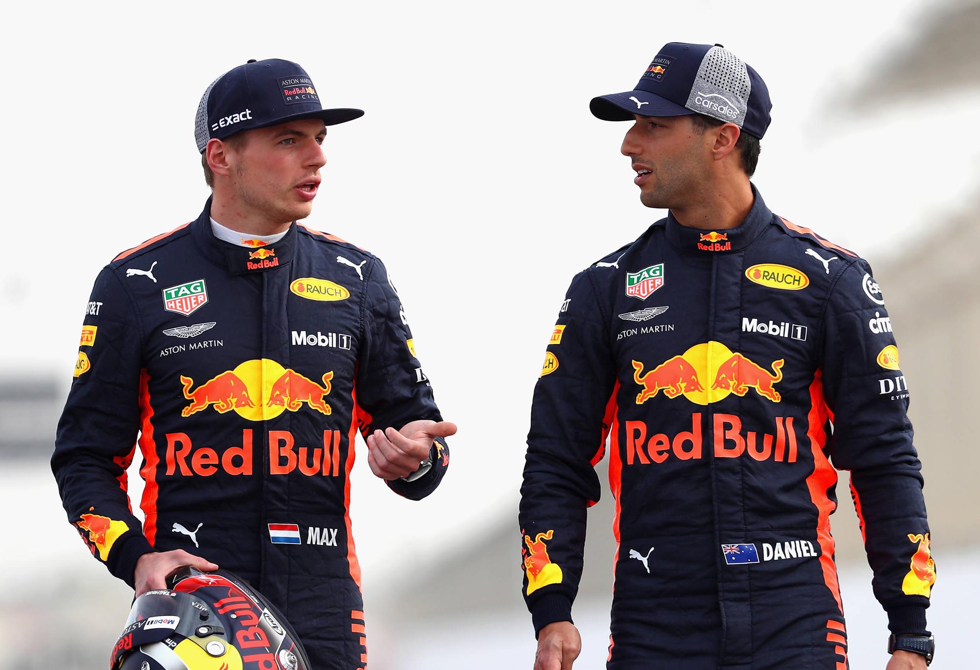 Red Bull Racing's Daniel Ricciardo and Max Verstappen at the 2018 Bahrain Grand Prix.
