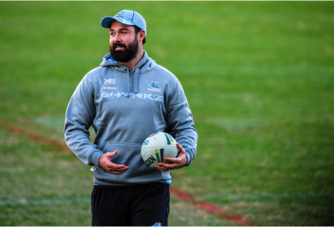 Aaron Woods is seen at training at new club Cronulla Sharks