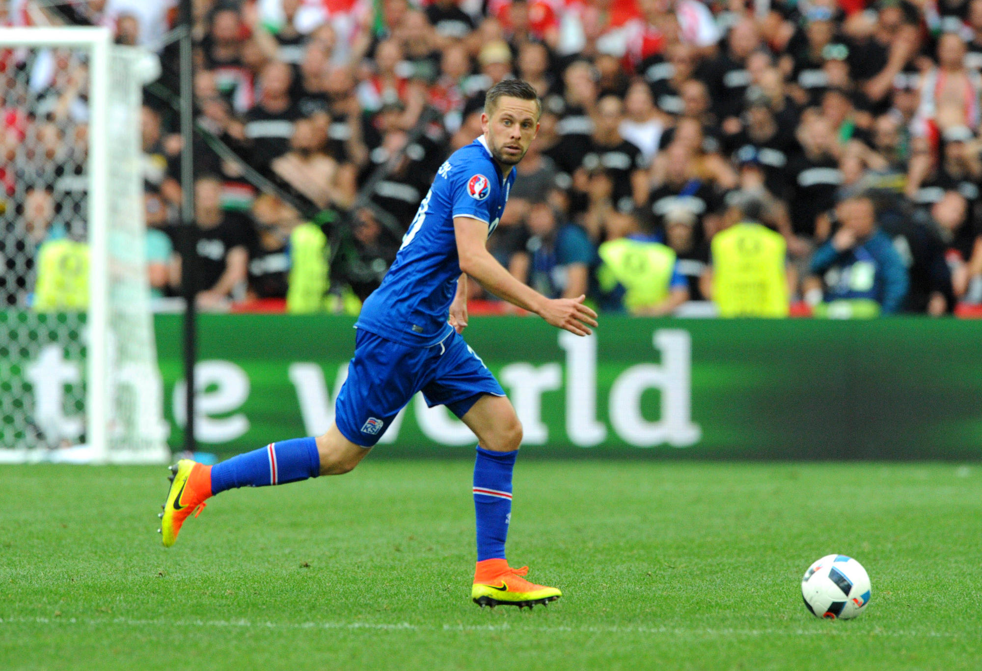 Iceland's Gylfi Sigurdsson takes the ball up against Hungary