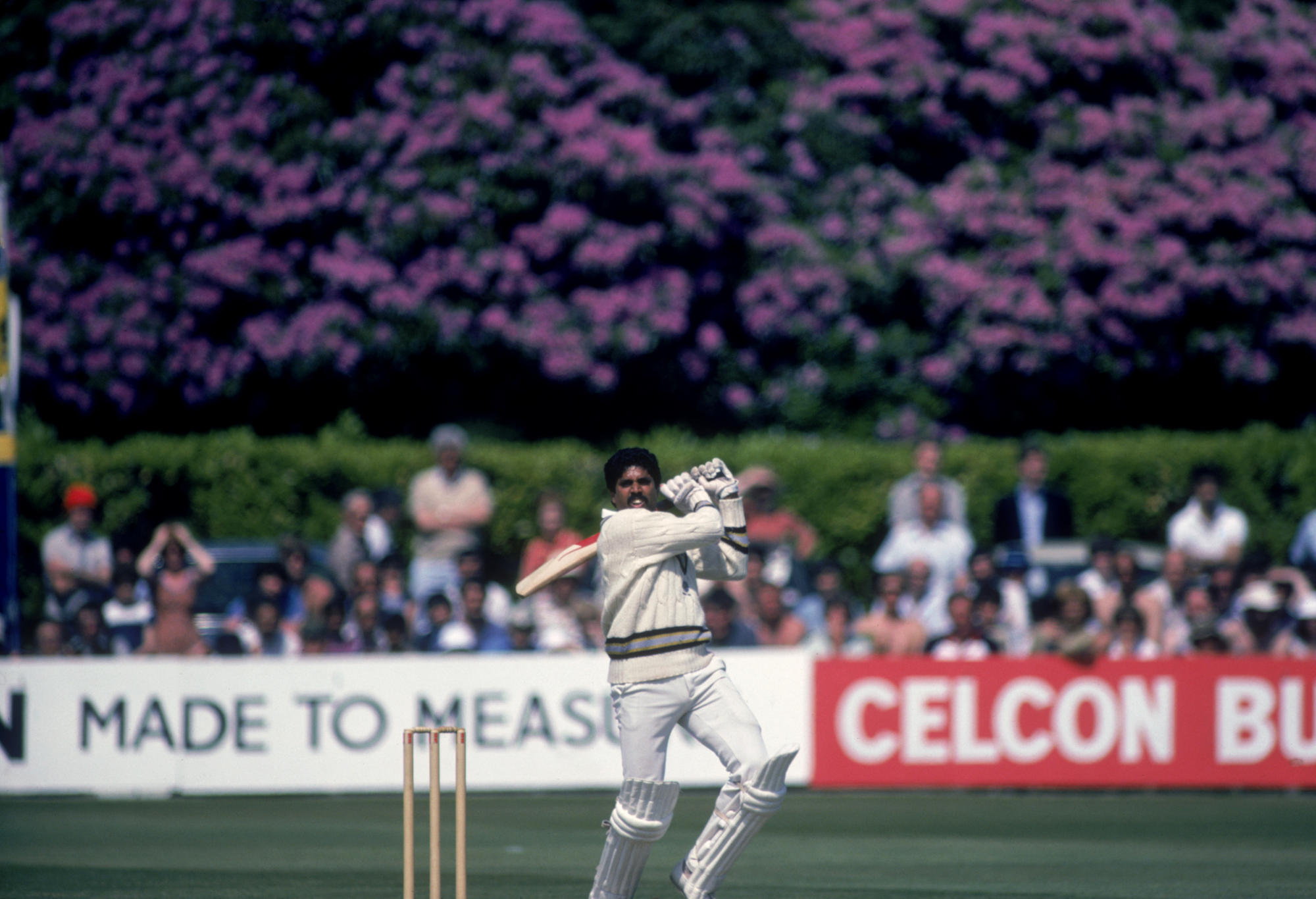 Indian cricket captain Kapil Dev during his record innings of 175 not out off 138 balls against Zimbabwe in the Cricket World Cup at Nevill Ground, Tunbridge Wells, Kent, 18th June 1983. India won the match by 31 runs and later won the tournament.