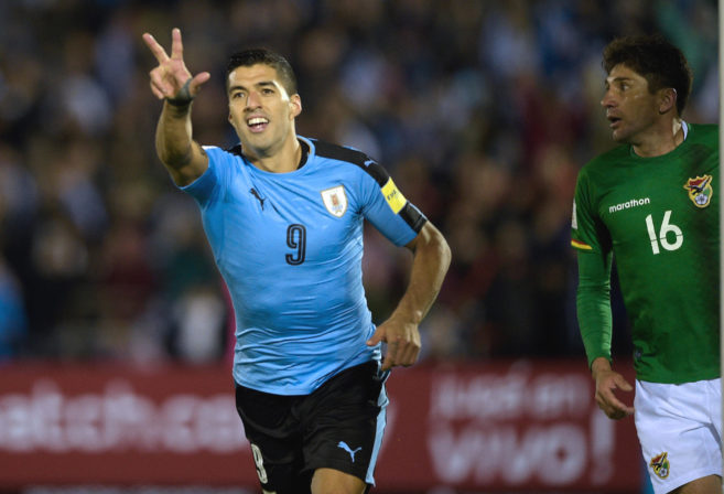 Uruguay's Luis Suarez celebrates after scoring against Bolivia.