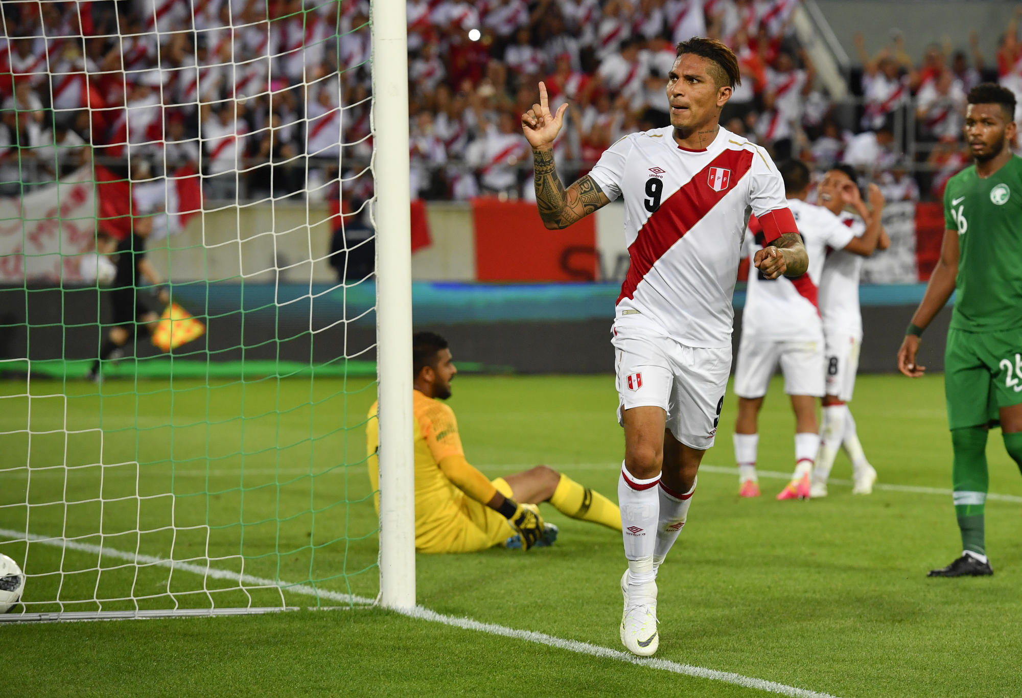 Peru's Paolo Guerrero celebrates after scoring against Saudi Arabia