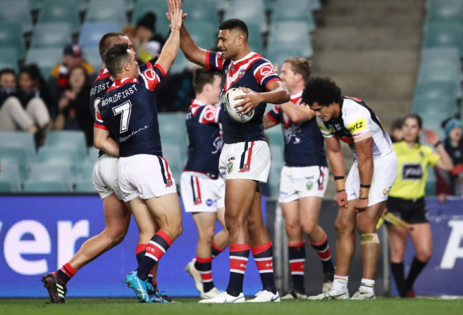 The Roosters celebrate during their win over the Panthers.