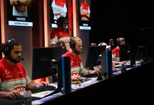 topguN and Havoc of the Sydney Roar esports team playing CS:GO on the Gfinity Elite Series stage.