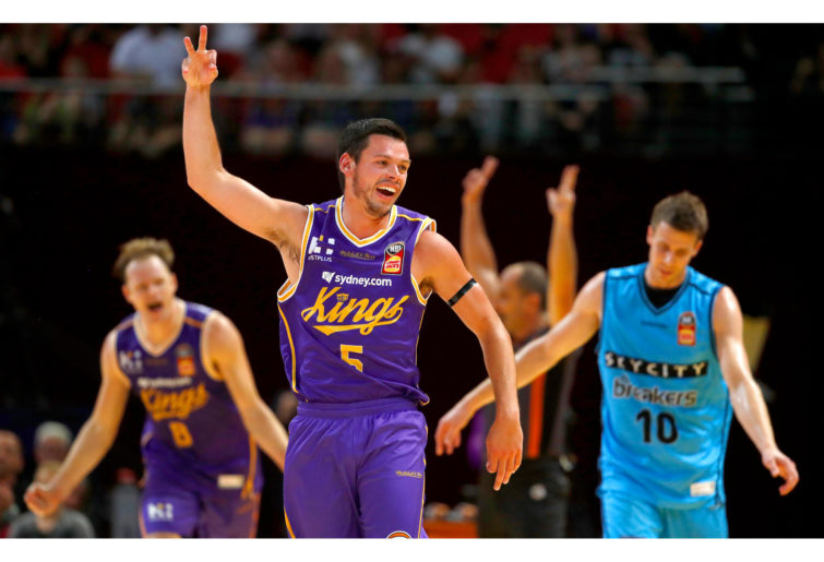 Jason Cadee of the Kings reacts after scoring three points against the New Zealand Breakers.