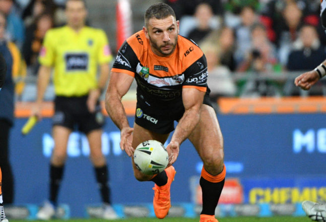 The Tigers' Robbie Farah in action during the Round 19 NRL match against the Rabbitohs.