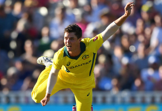 Mitchell Swepson of Australia bowls against England