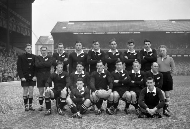 Kevin Skinner, third from the left in the back row, with his All Blacks teammates