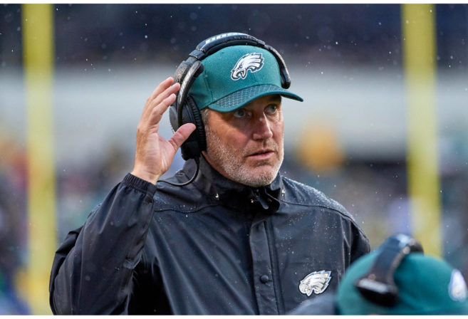Philadelphia Eagles offensive coordinator Frank Reich looks on during the NFL football game against the San Francisco 49ers.