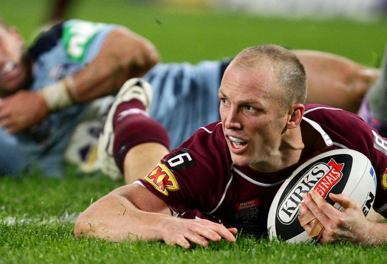 Darren Lockyer scores a try for the Maroons