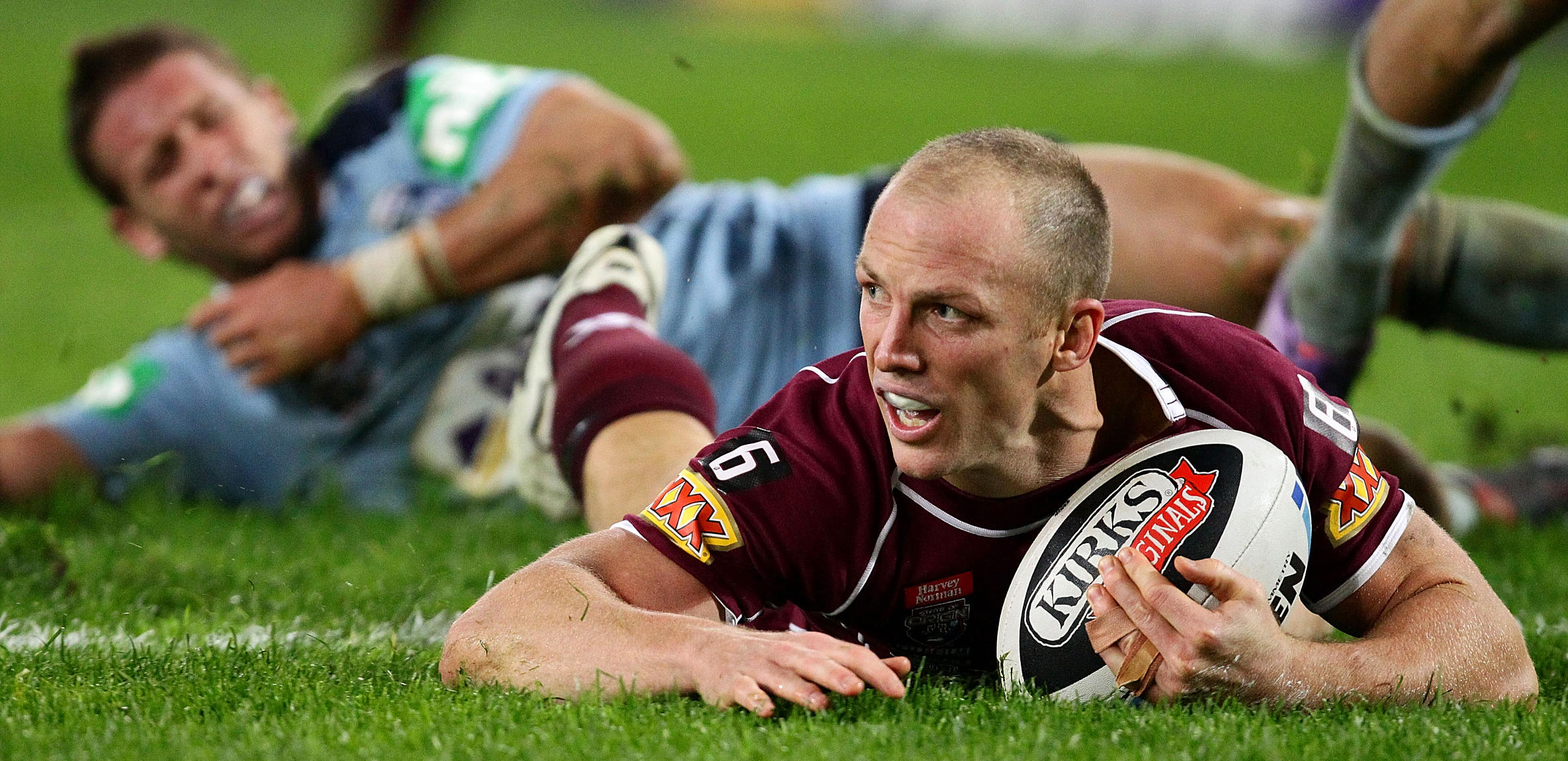Darren Lockyer scores a try for the Maroons