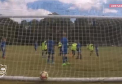 Junior footballer lasers header into the back of the net