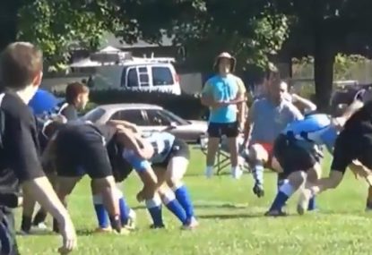 Rugby referee gets knocked over in lead up to soccer-like try