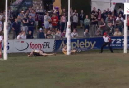 Defender recklessly LAUNCHES himself into own goal post