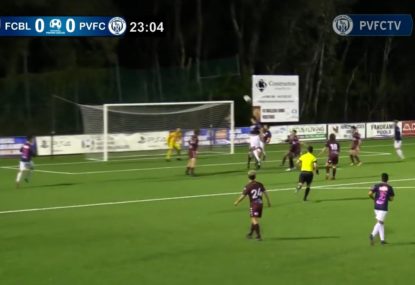 Perfectly timed flick header sneaks past the gloves