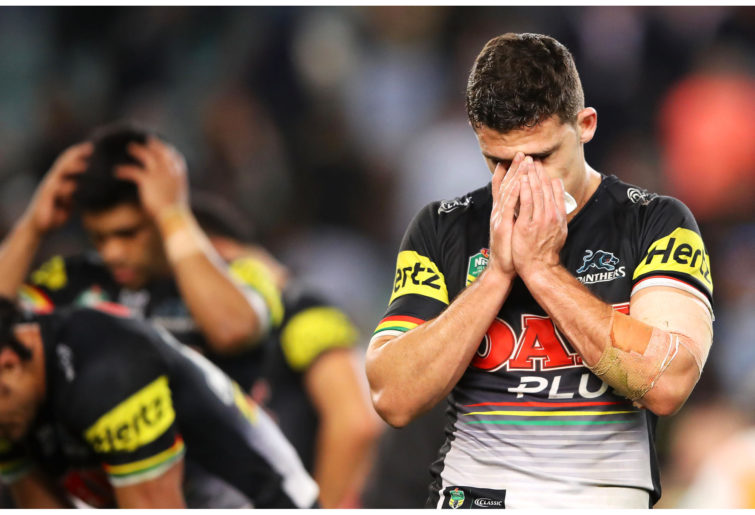 Nathan Cleary of the Panthers looks dejected after a semi-final loss to the Cronulla Sharks.