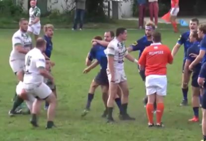 RUGBY RESPECT! Players shake hands after nearly setting off all-in brawl