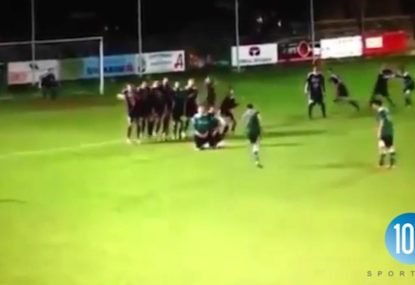 Free kick taker absolutely SLAMS ball straight into own teammate's head!