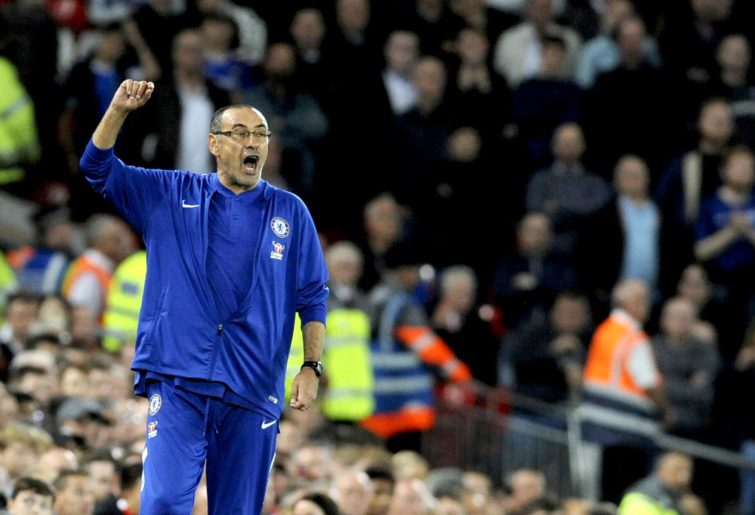 Chelsea manager Maurizio Sarri shouting from the sidelines.
