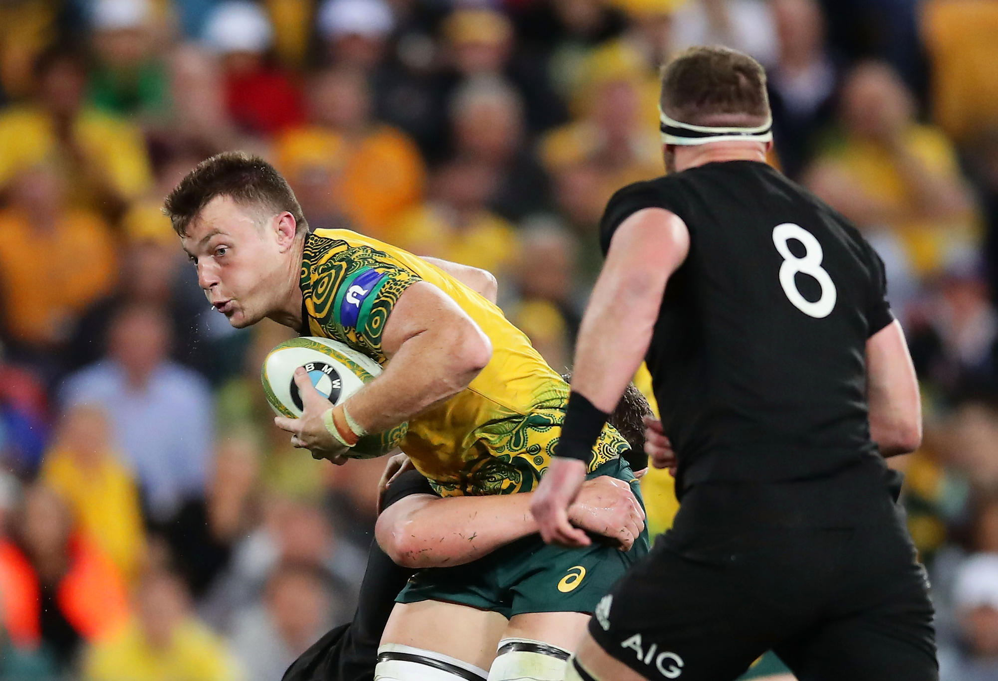 Jack Dempsey of the Wallabies is tackled during the Bledisloe Cup match between the Australian Wallabies and the New Zealand All Blacks at Suncorp Stadium on October 21, 2017 in Brisbane, Australia.