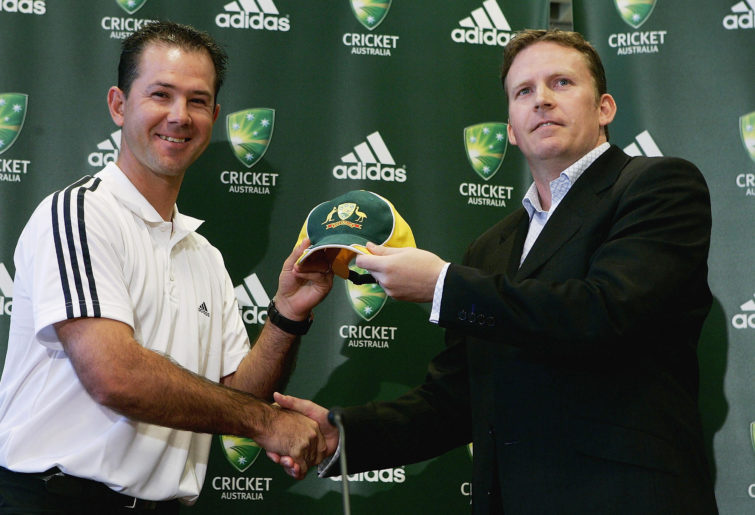 Australian captain Ricky Ponting and adidas Managing Director of Australia Kevin Roberts display the new adidas apparel during a press conference announcing adidas as the official supplier of Cricket Australia's playing uniforms at Cricket Australia's Headquarters April 28, 2005 in Melbourne, Australia.