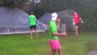 Guy tumbles into garden in classic backyard cricket moment