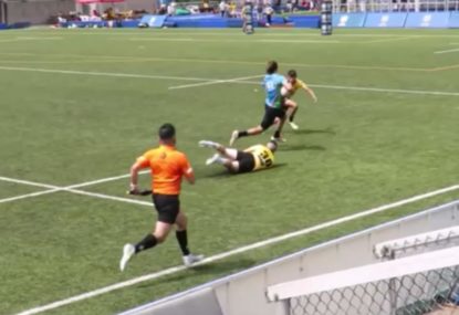 Winger outpaces and outmaneuvers opposition for runaway try