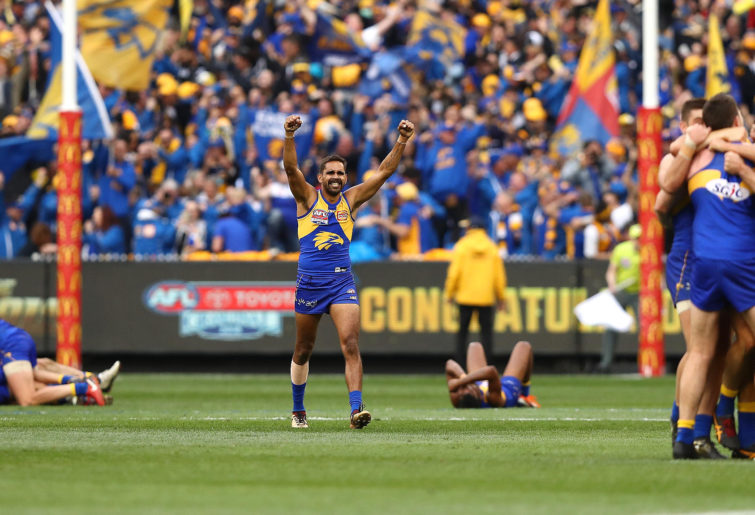 Lewis Jetta of the Eagles celebrates victory on the siren during the 2018 AFL Grand Final