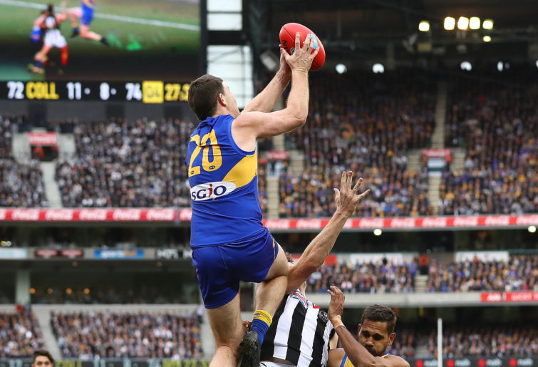 Jeremy McGovern of the Eagles marks during the 2018 AFL Grand Final