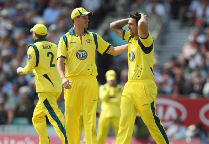 Australia's Mitchell Johnson of Australia reacts after missing a run out