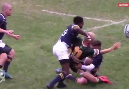 Fly-half dodges defenders and makes clutch pass