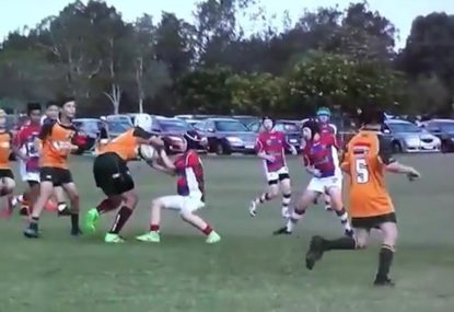 Giant 12 year old winger steps and weaves his way to the try line