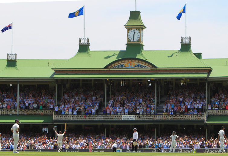 Michael Clarke celebrates in front of the SCG Members Pavilion
