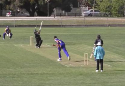 Fearless batsman charges fast bowler... and whacks him for six!