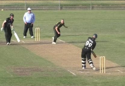 Batsman absolutely crunches big six off quick like it's nothing