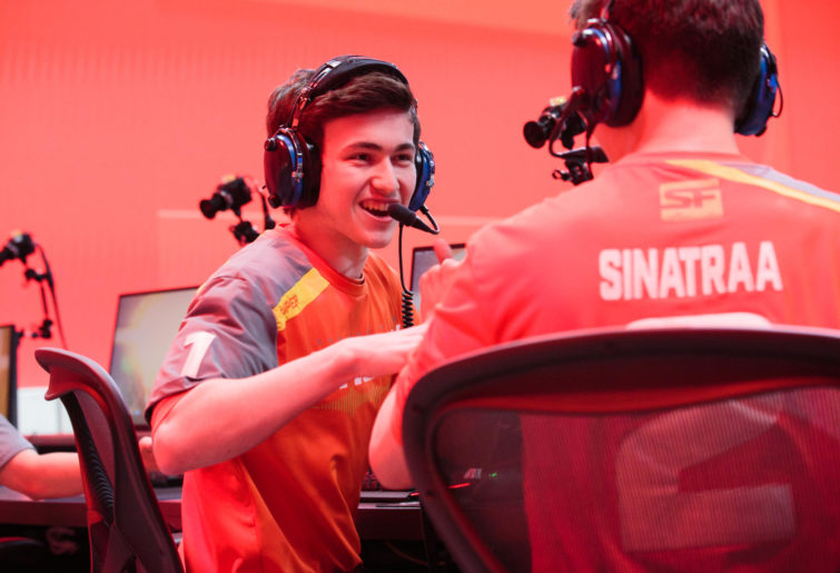San Francisco Shock players Super and Sinatraa celebrate an Overwatch League victory.