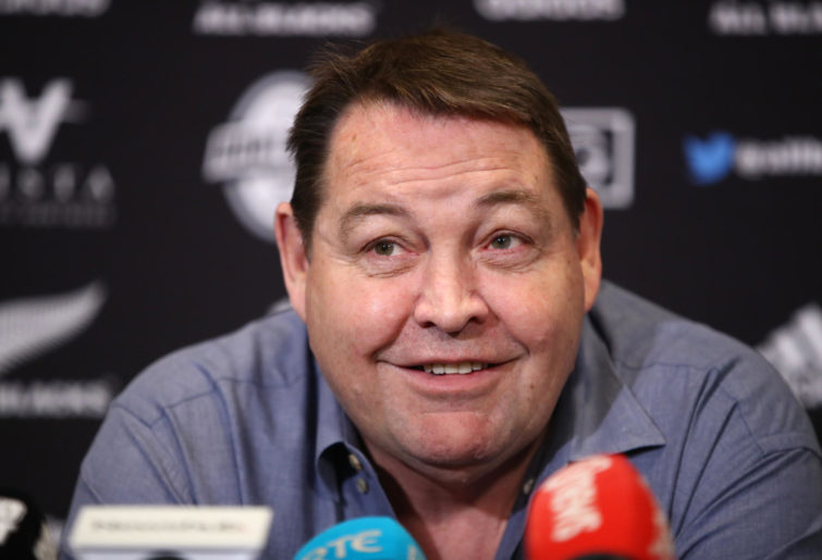 All Blacks coach Steve Hansen smiles at a press conference