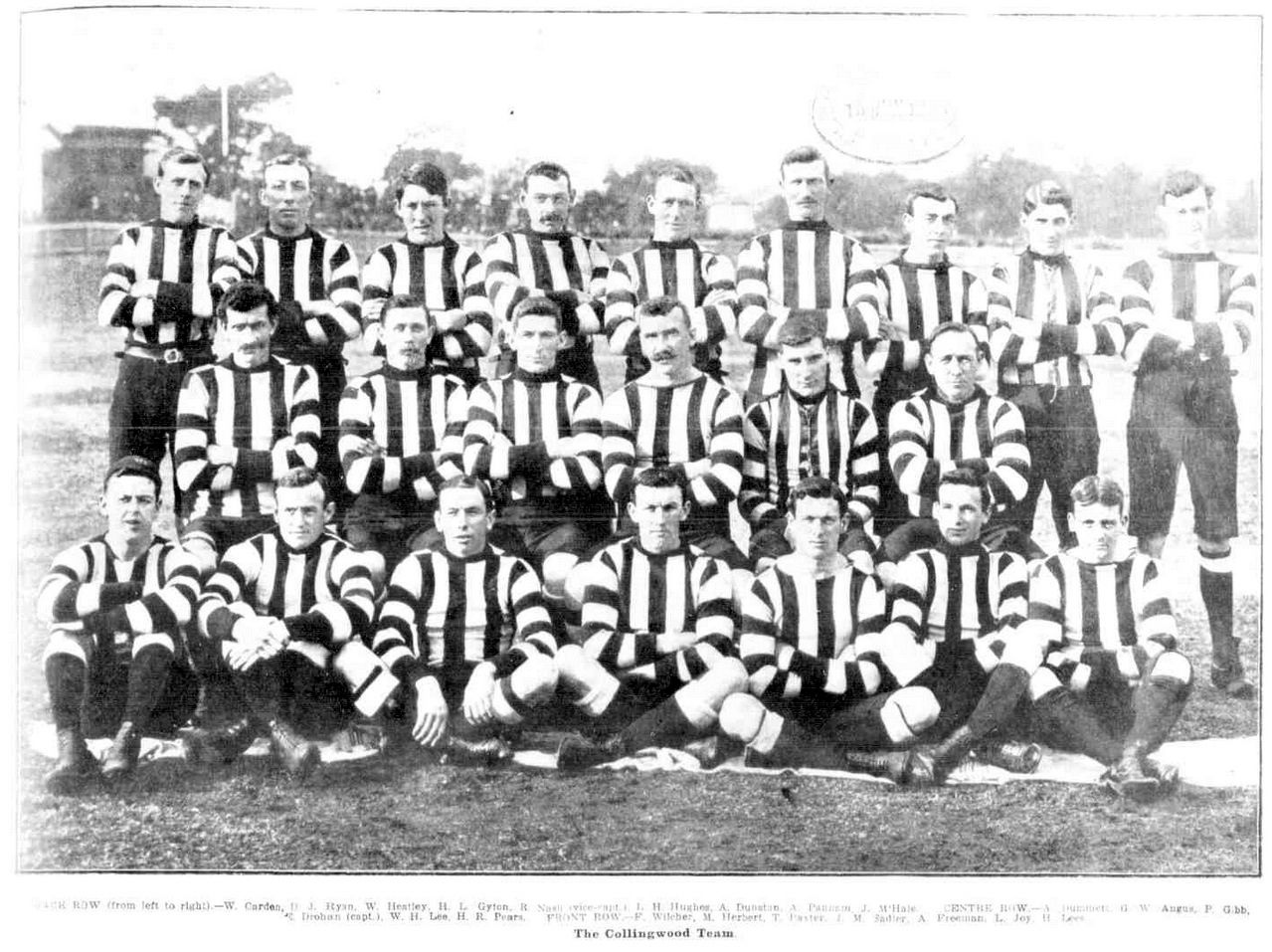Team photo of the Collingwood Magpies from the Weekly Times on 13 June, 1908.