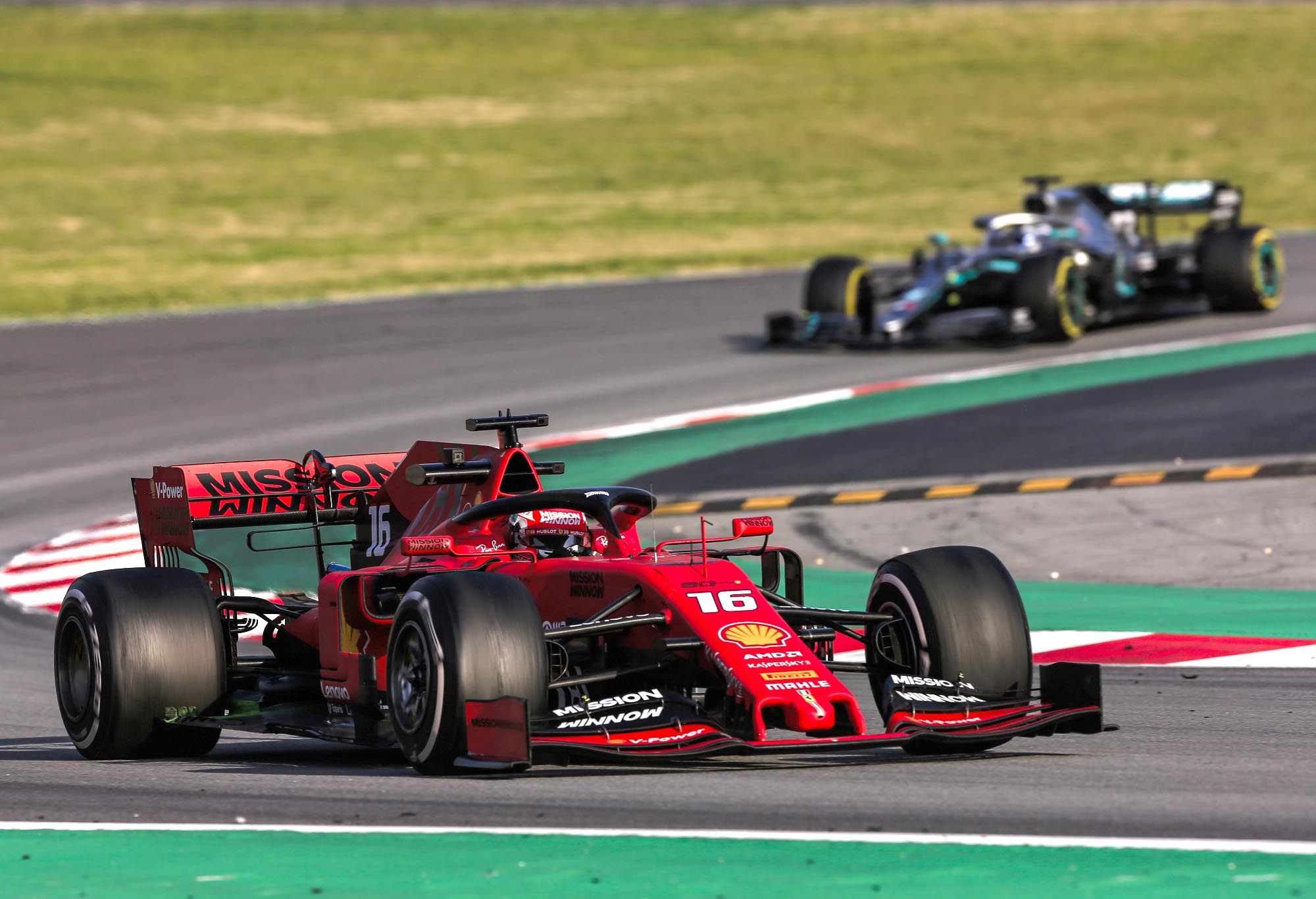 Ferrari's Charles Leclerc is followed on-track by Mercedes's Valtteri Bottas.