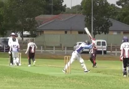 Bowler embarrassed by terrible full-bunger... that gets a wicket!