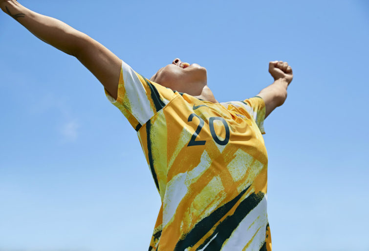 Sam Kerr celebrates in the new Matildas kit