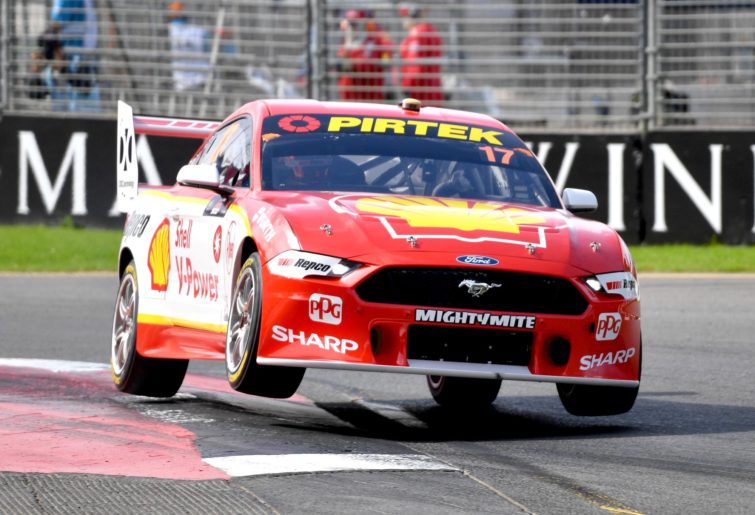 Scott McLaughlin tackles the kerbs at Adelaide in his Shell V-Power Mustang.