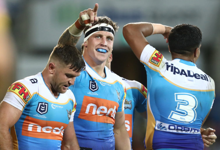 Jarrod Wallace celebrates a try for the Gold Coast Titans