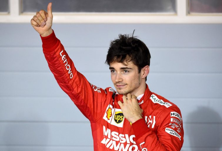 Charles Leclerc of Ferrari celebrates during the Bahrain Grand Prix.
